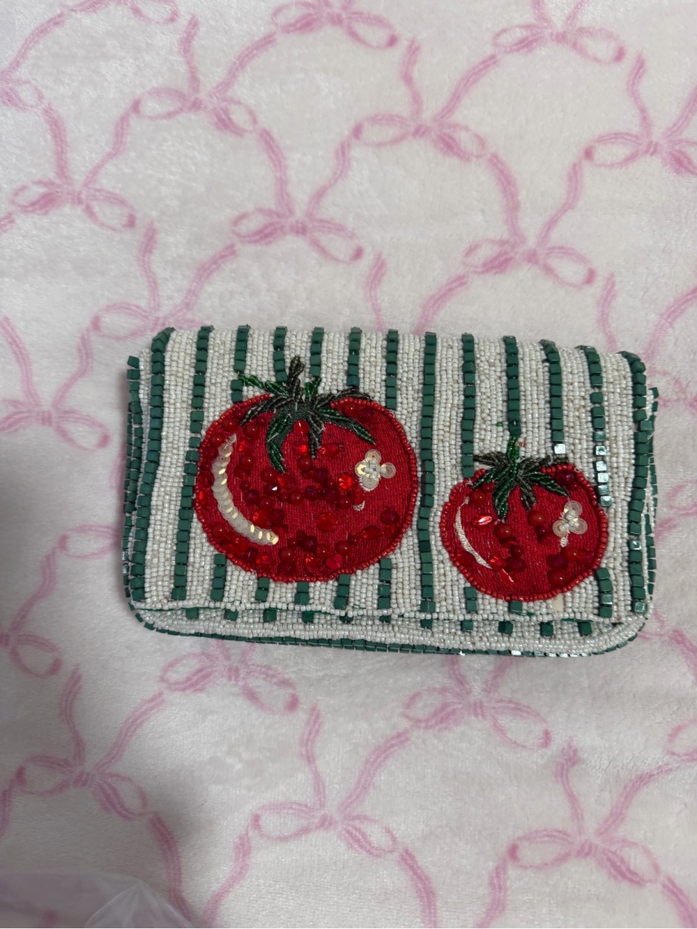 Viral Tomato Beaded purse with green and white stripes